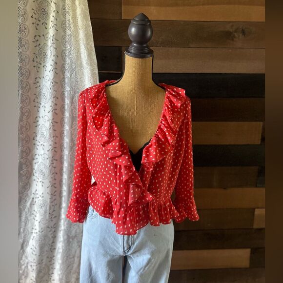 Modern Gap Red & Off White Polka Dot Ruffled Tie Front Blouse - Picture 8 of 14